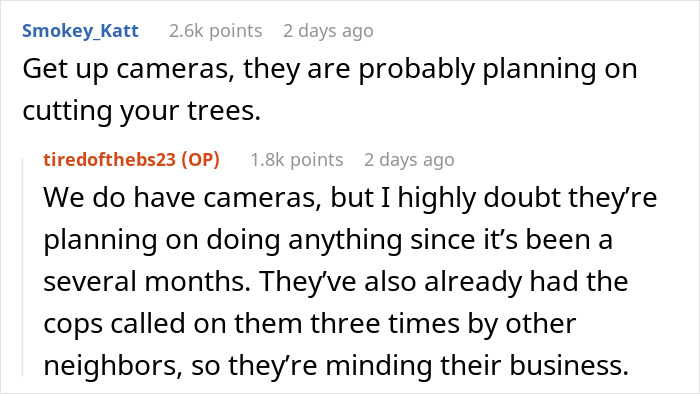 Text exchange about neighbor demands and tree cutting, mentioning cameras and past incidents. Text exchange about neighbor demands and tree cutting, mentioning cameras and past incidents.