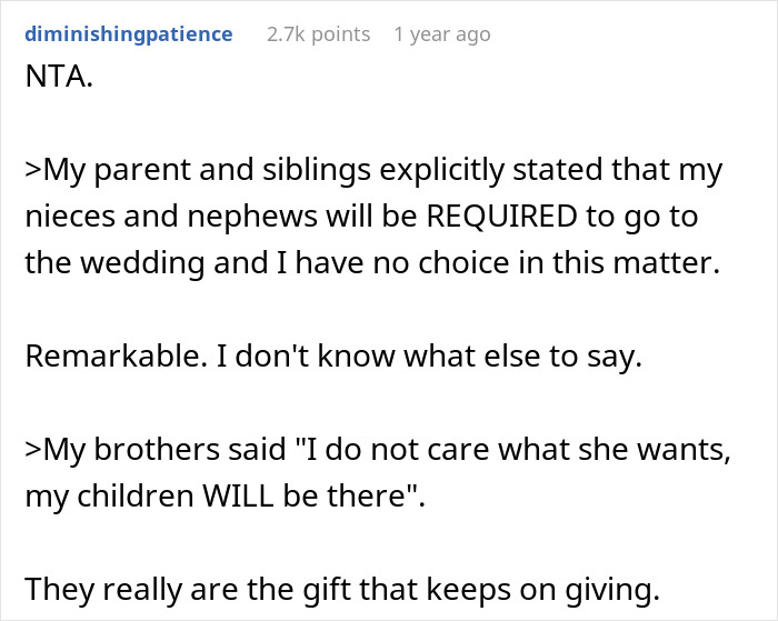 Text exchange about family refusing to leave kids at home for a couple's wedding, causing conflict.