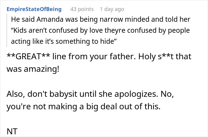 Reddit comment discussion about family dynamics and babysitting responsibilities.