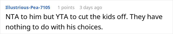 Reddit comment discussing woman refusing to babysit, mentioning consequences of her husband's infidelity on kids.