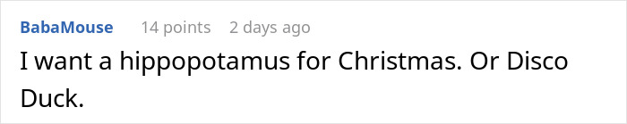 Reddit comment about a hippopotamus and Disco Duck for Christmas.