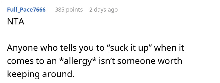 Comment supporting a man with allergies, highlighting importance of not ignoring health issues.