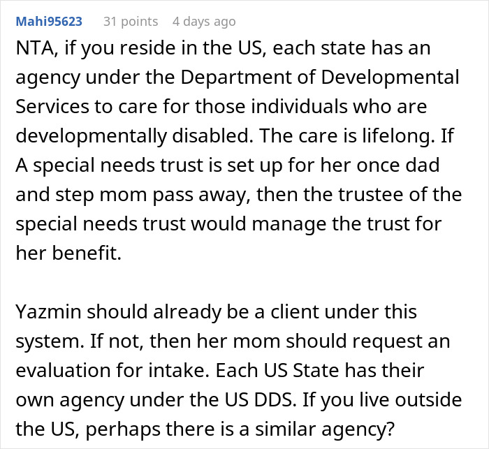 Online discussion about developmental services for disabled stepsister and special needs trust setup advice.