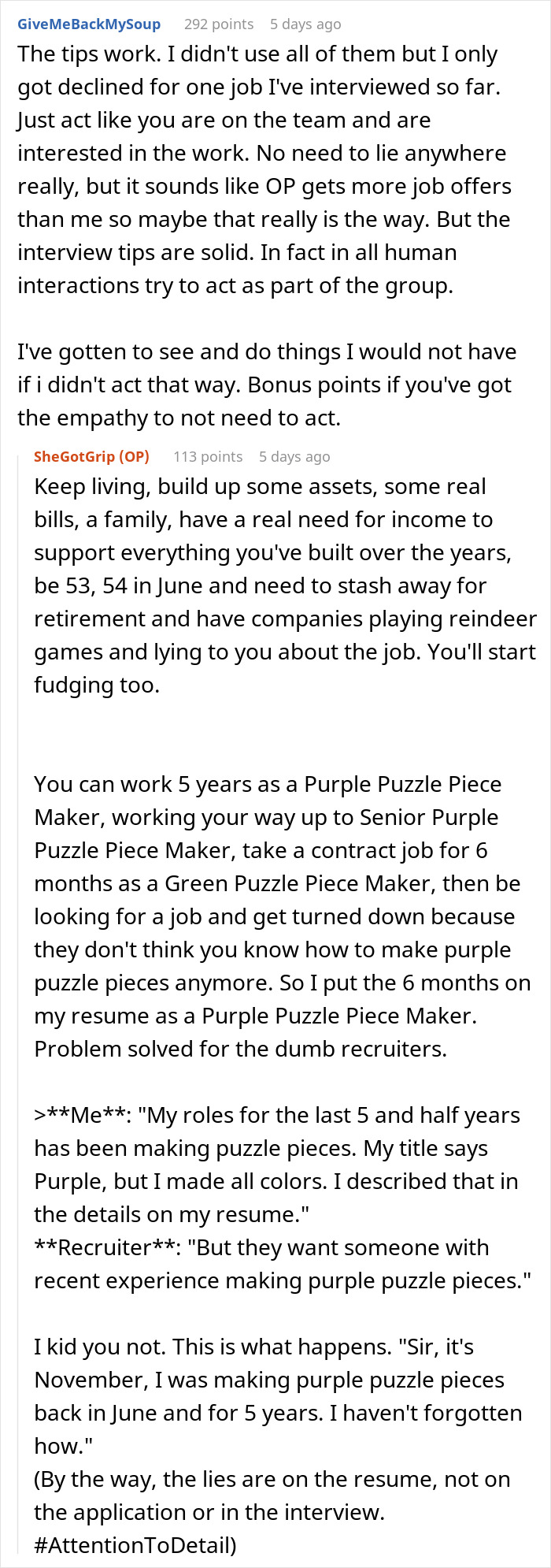 Reddit comments discussing resume strategies, background checks exposing lies, and interview tips.