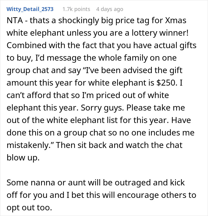 Text from a discussion on the high cost of a family Xmas white elephant gift. Text from a discussion on the high cost of a family Xmas white elephant gift.