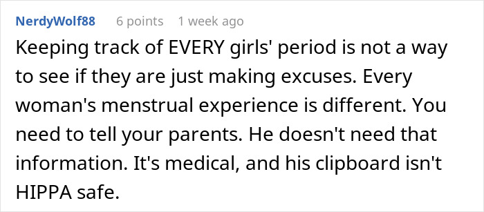 Comment discussing teacher's role in tracking periods and privacy concerns. Comment discussing teacher's role in tracking periods and privacy concerns.