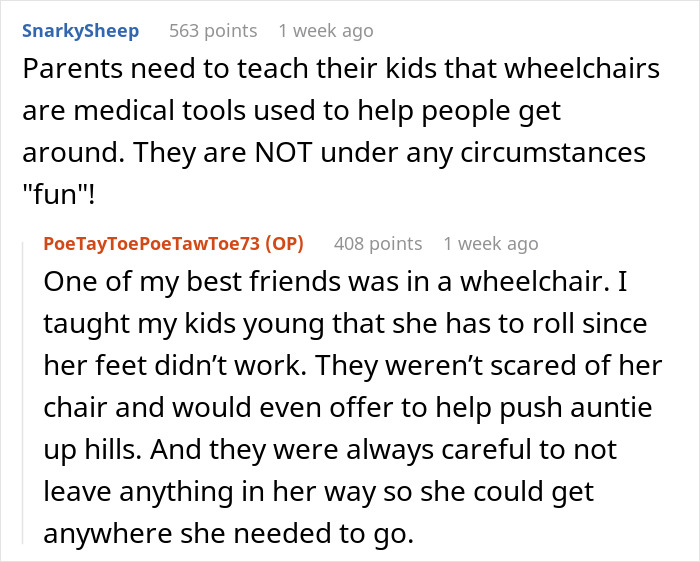 Reddit comments discussing wheelchair etiquette and the importance of teaching kids about accessibility tools. Reddit comments discussing wheelchair etiquette and the importance of teaching kids about accessibility tools.