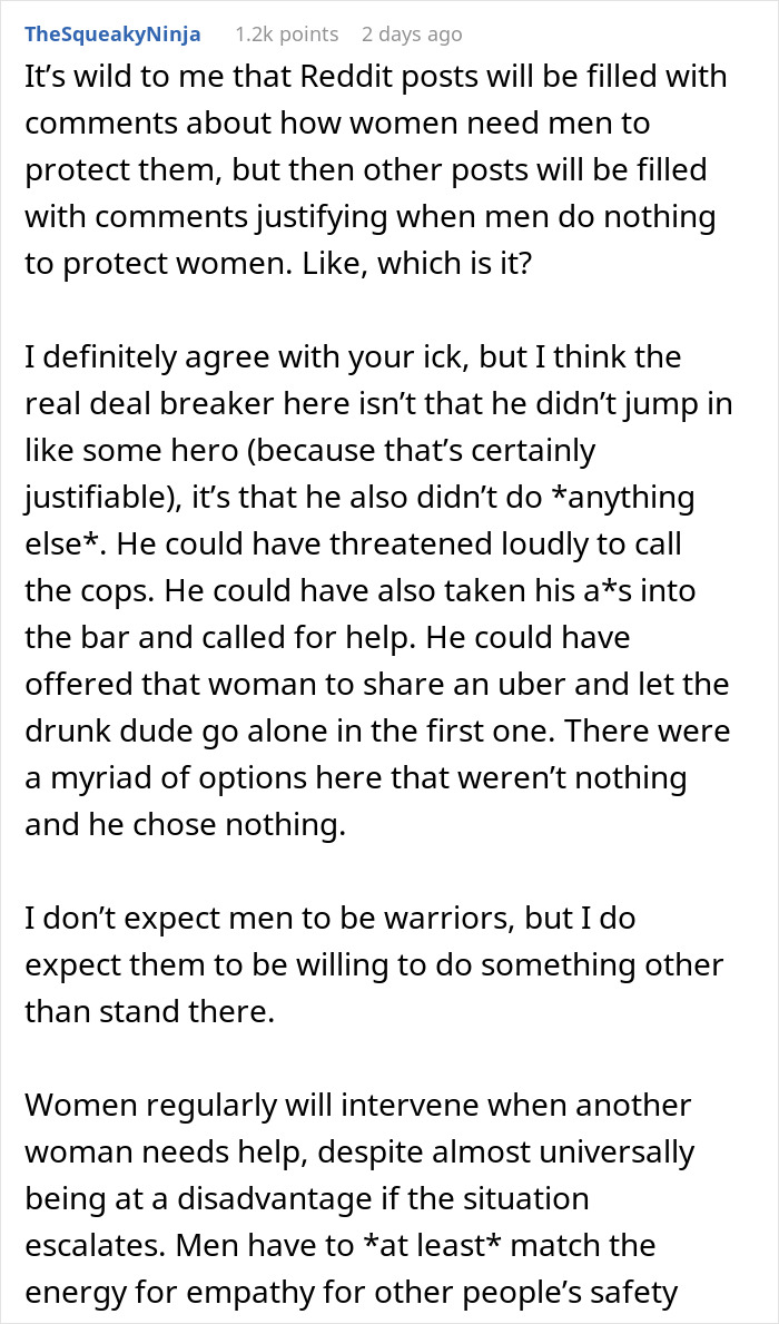 Reddit comment discussing gender roles and lack of male intervention in protecting women. Reddit comment discussing gender roles and lack of male intervention in protecting women.