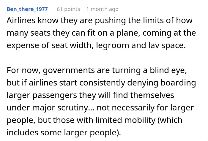 Comment discussing airlines, seat space issues, and boarding policies for larger passengers.