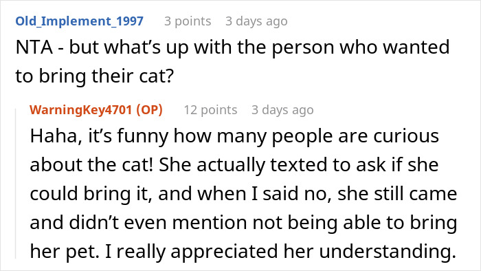 Reddit comments discussing a friend's request to bring a cat to a party. Reddit comments discussing a friend's request to bring a cat to a party.
