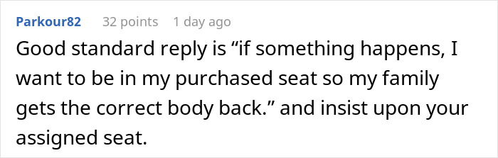 Comment discussing the importance of insisting on staying in a purchased seat for safety and identification.