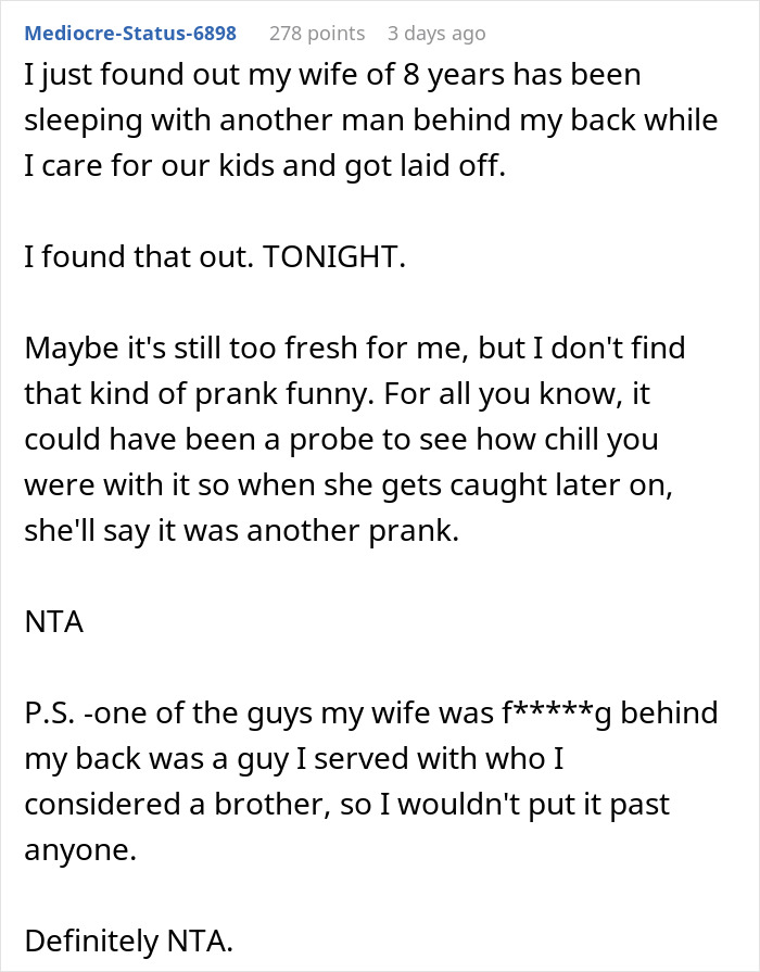 Text discussing the fallout of a prank on a two-year relationship, involving infidelity and emotional distress. Text discussing the fallout of a prank on a two-year relationship, involving infidelity and emotional distress.