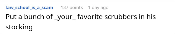 A screenshot of a humorous online comment about stocking stuffers, featuring "scrubbers" as an early Christmas gift idea.