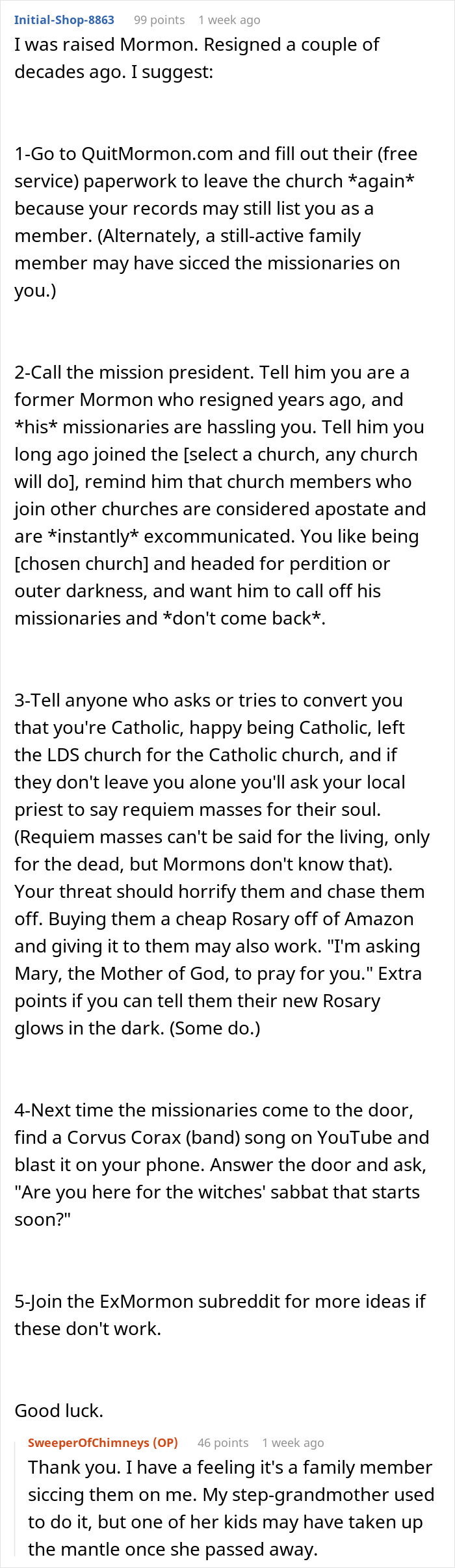 Reddit users discussing strategies for dealing with persistent Mormons in a comment thread.
