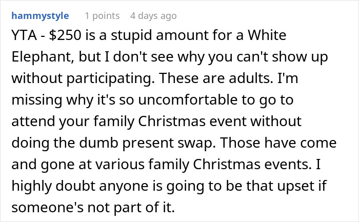 Comment discussing high price for White Elephant gift at Christmas party. Comment discussing high price for White Elephant gift at Christmas party.
