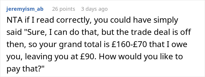 Text conversation about trading services and money dispute in a friend group. Text conversation about trading services and money dispute in a friend group.