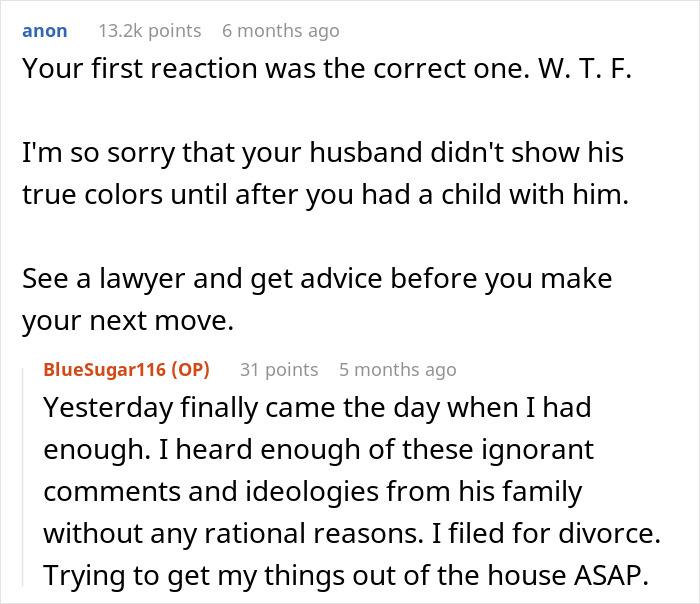 Reddit comments discussing a husband's inability to connect with his child due to ethnic features.