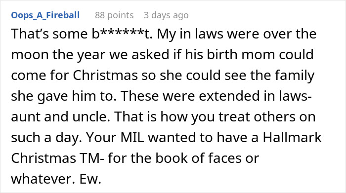 Comment about MIL rejecting a woman's mom's Christmas request, discussing family dynamics.