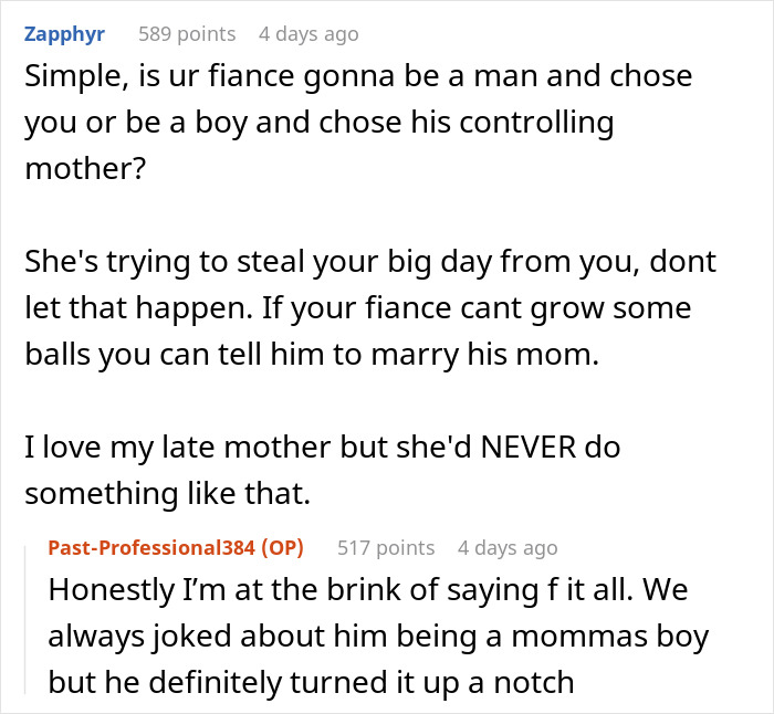 Reddit discussion about a fianc&eacute; asking bride not to wear white to please his mother.