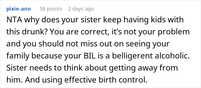 Reddit comment criticizing sister's decision to stay with an alcoholic husband.