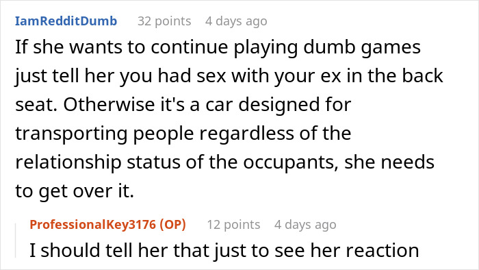 Reddit conversation about a fiance demanding to sell a car due to its history with an ex. Reddit conversation about a fiance demanding to sell a car due to its history with an ex.