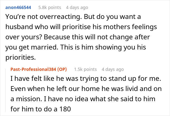 Reddit comments discussing fianc&eacute;'s request for bride to avoid wearing a white wedding dress for his mother's comfort.