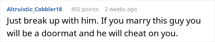 Reddit comment criticizing fianc&eacute;'s behavior, suggesting a breakup due to fears of cheating.