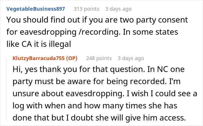 Reddit users discuss legalities of spying, referencing two-party consent and eavesdropping laws. Reddit users discuss legalities of spying, referencing two-party consent and eavesdropping laws.