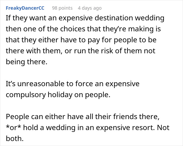 Text discussing challenges of affording destination weddings for groomsmen, highlighting financial burdens and guest choices. Text discussing challenges of affording destination weddings for groomsmen, highlighting financial burdens and guest choices.