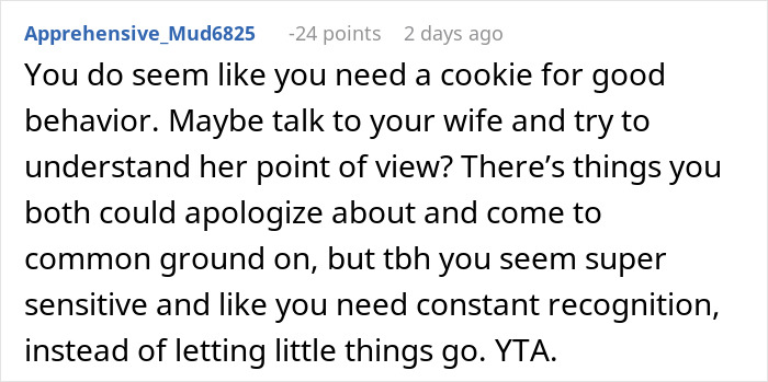Reddit comment discussing relationship advice and suggesting empathy and communication.