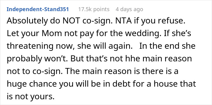 Reddit comment advising against co-signing a loan, stating financial protection is crucial over family obligations.