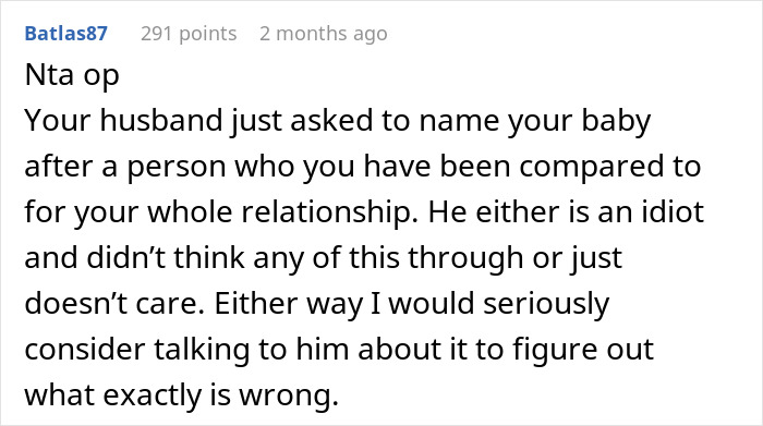 Text from a Reddit comment discussing a woman's husband's unusual baby name request.