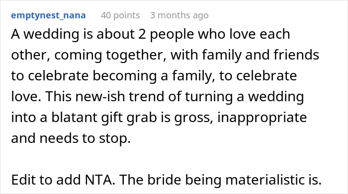 Text expressing frustration over materialistic wedding gift expectations.