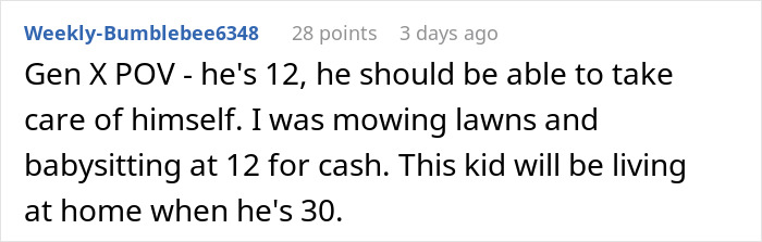 Reddit comment criticizing a 12-year-old's inability to be self-sufficient, mentioning babysitting and lawn mowing.
