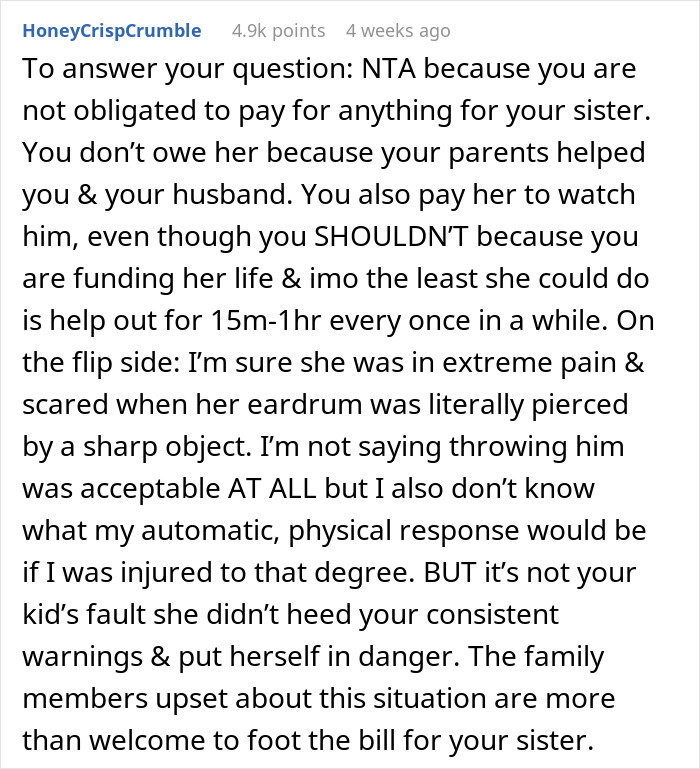 Reddit comment discussing refusing to pay for sister&rsquo;s college and a toddler's concussion incident.