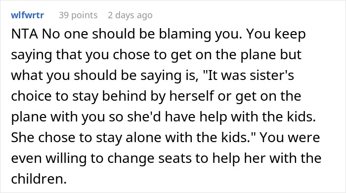 Comment discussing woman's decision to board flight despite brother-in-law's behavior.
