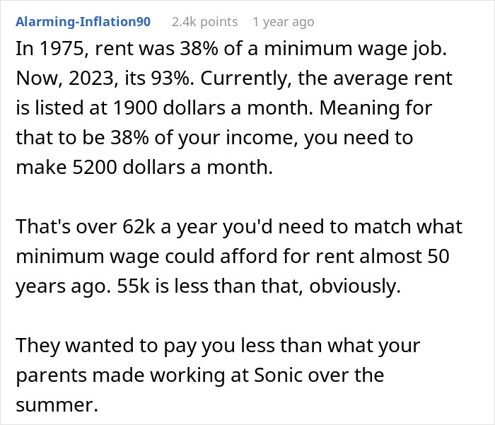 Text discusses job expectations and salary compared to inflation and rent costs over time.
