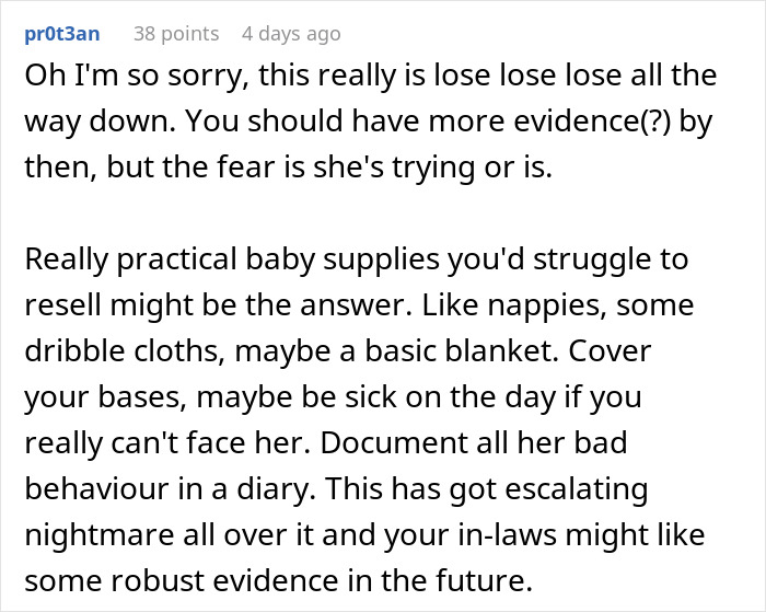 A Reddit comment discussing a dilemma about attending a baby shower without baby proof. A Reddit comment discussing a dilemma about attending a baby shower without baby proof.