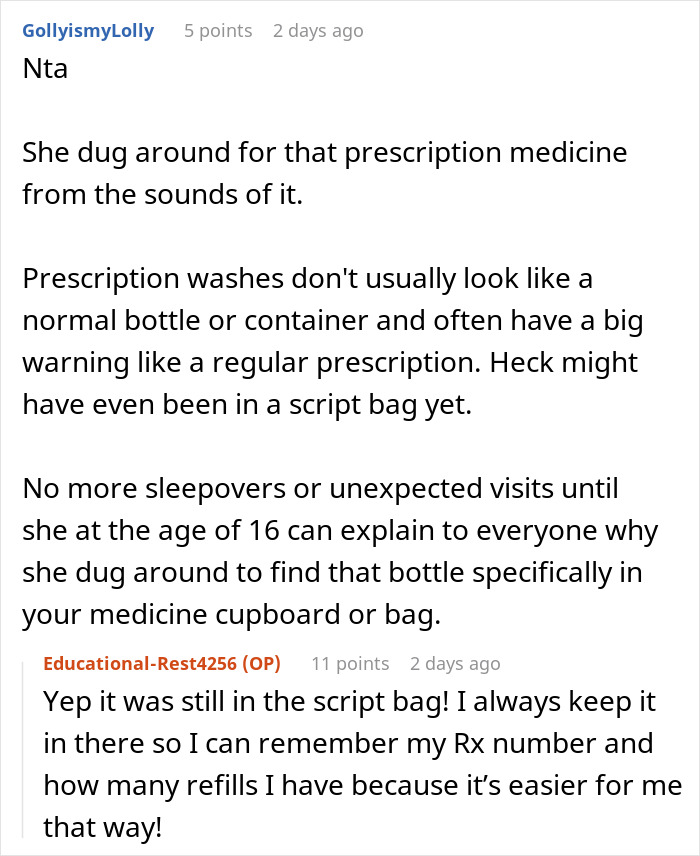 Reddit comment thread discussing teen misusing SIL's prescription products without permission. Reddit comment thread discussing teen misusing SIL's prescription products without permission.