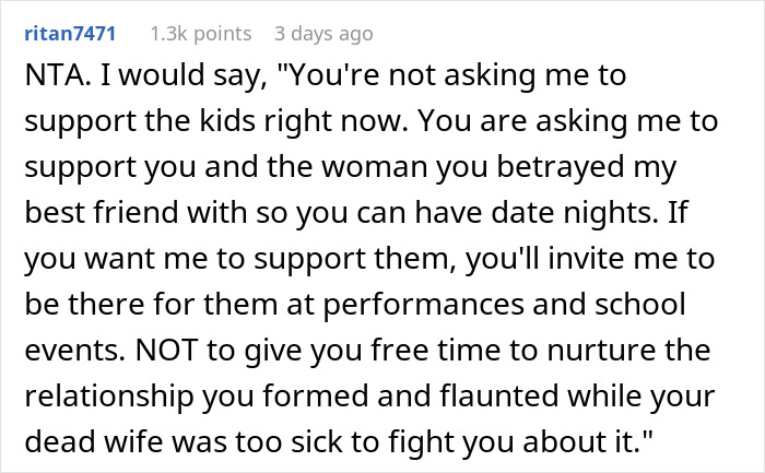 Comment discussing a woman's refusal to babysit deceased friend's kids due to the husband's infidelity.