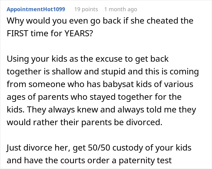 Comment discussing a cheating wife and relationship advice from a Reddit user. Comment discussing a cheating wife and relationship advice from a Reddit user.