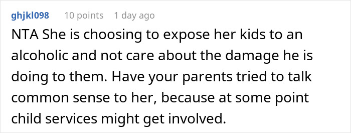 Reddit comment discusses exposing kids to an alcoholic, parenting concerns, and potential child services involvement.