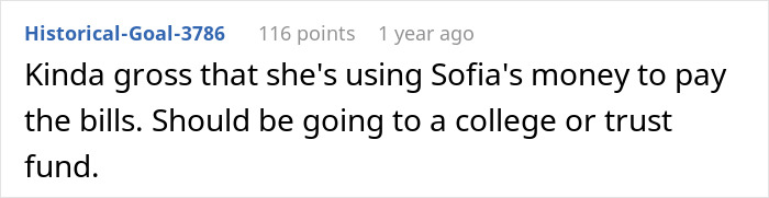 Text from a comment discussing using Sofia's money for bills instead of a college or trust fund.