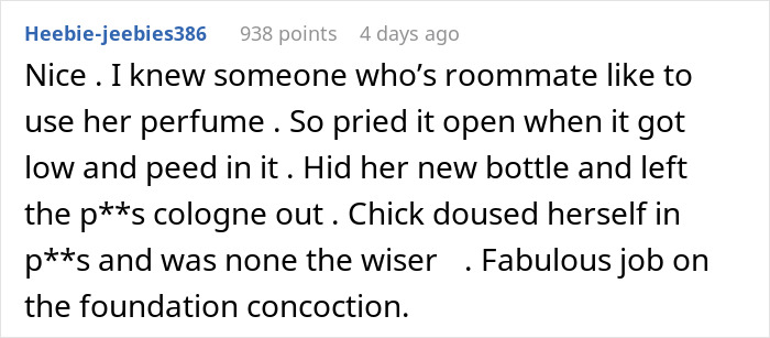 Text exchange about a roommate using makeup without permission, describing a surprising consequence.