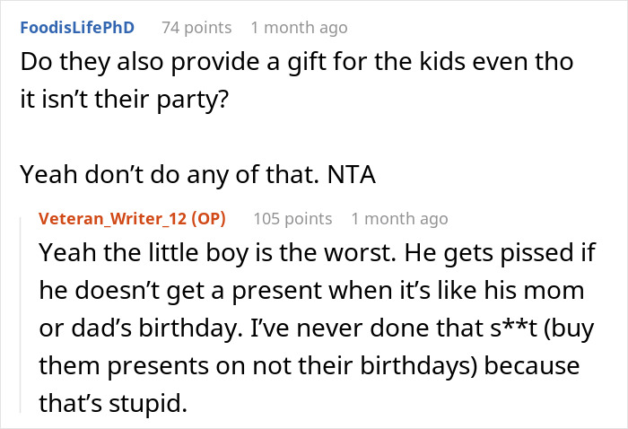 Reddit comments discuss kids blowing out candles and tantrums at birthday parties.