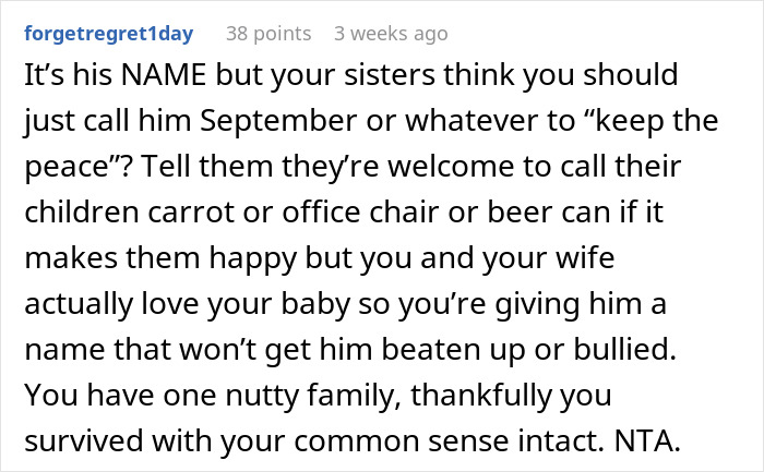 Text post about naming a baby, breaking family tradition, with humor about unconventional names. Text post about naming a baby, breaking family tradition, with humor about unconventional names.