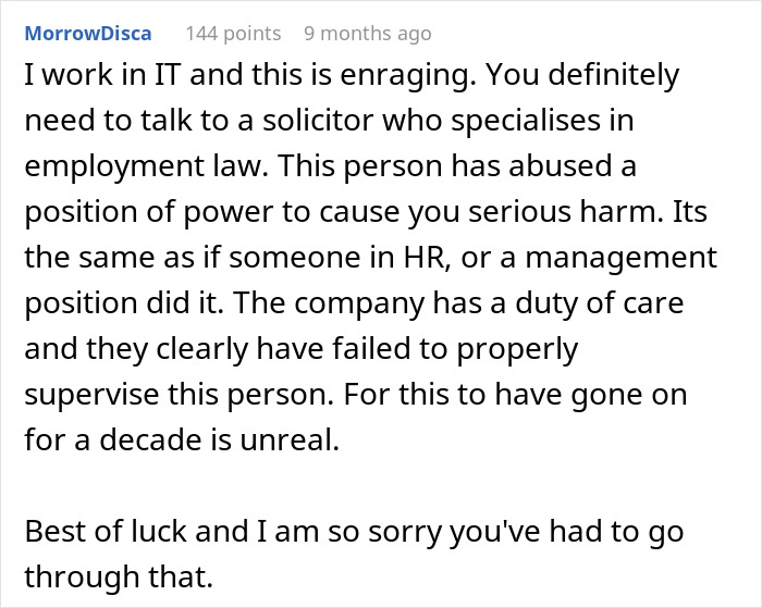 Text discussing IT guy sabotaging career and legal advice. Text discussing IT guy sabotaging career and legal advice.