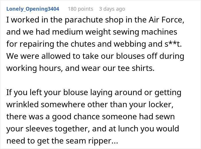 Air Force parachute shop prank story, detailing sewing tricks on unattended clothing, reminiscent of camp mate antics.