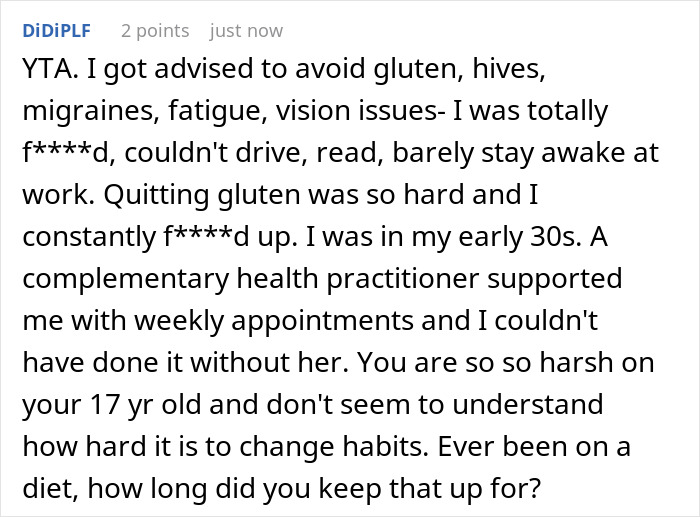 Reddit comment discussing challenges with avoiding gluten and supporting someone with a wheat allergy.