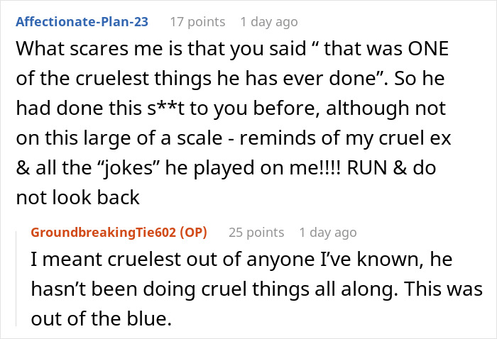 Screenshot of a conversation about a fiance's surprise house prank.